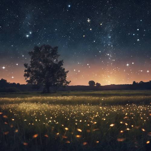 Ein magischer Sternenhimmel über einem offenen Feld mit leuchtenden Glühwürmchen.