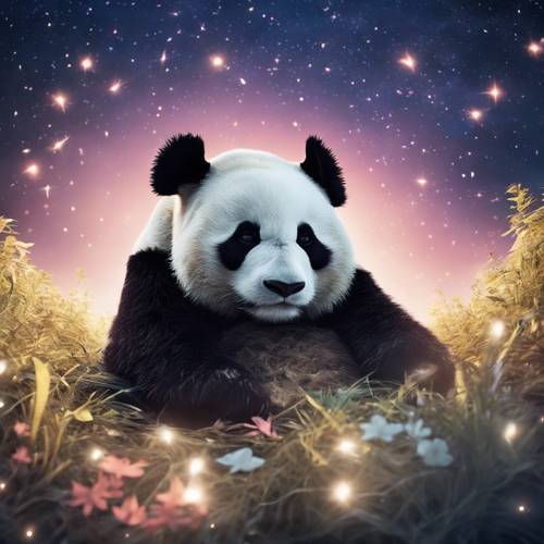 Pemandangan malam hari yang cerah dari seekor panda yang tidur nyenyak di bawah langit cerah penuh bintang.