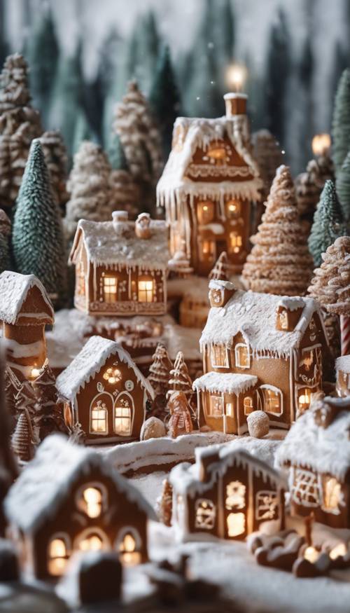 A highly detailed Christmas gingerbread village, complete with a candy-cane forest and a frosting-dusted pine woods. Tapeta [fdab18133e594b1ea10b]