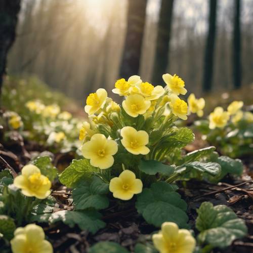 Prímulas amarelas florescendo à beira de um caminho arborizado à luz suave da manhã.