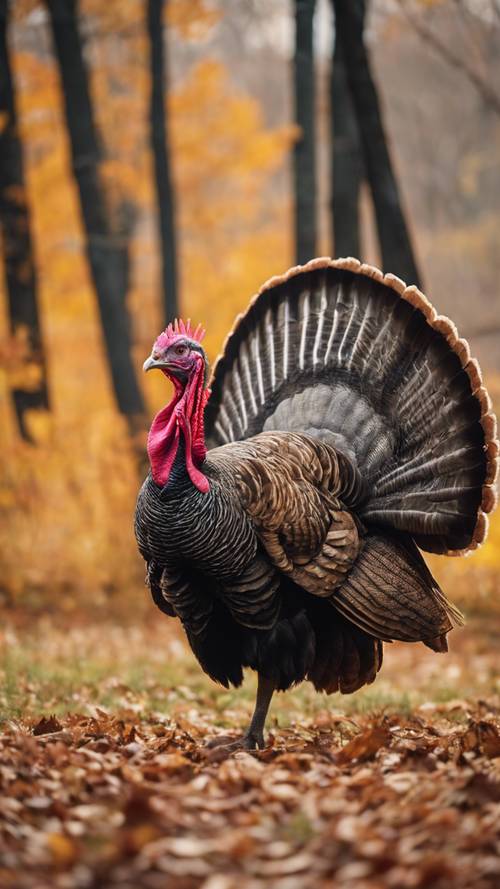 A wild turkey strutting on the farmyard against a backdrop of fall colors.