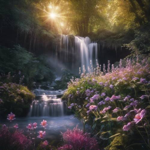 Una cascata mistica e luminosa che cade su fiori radiosi e luminosi cristalli magici in una foresta nascosta.