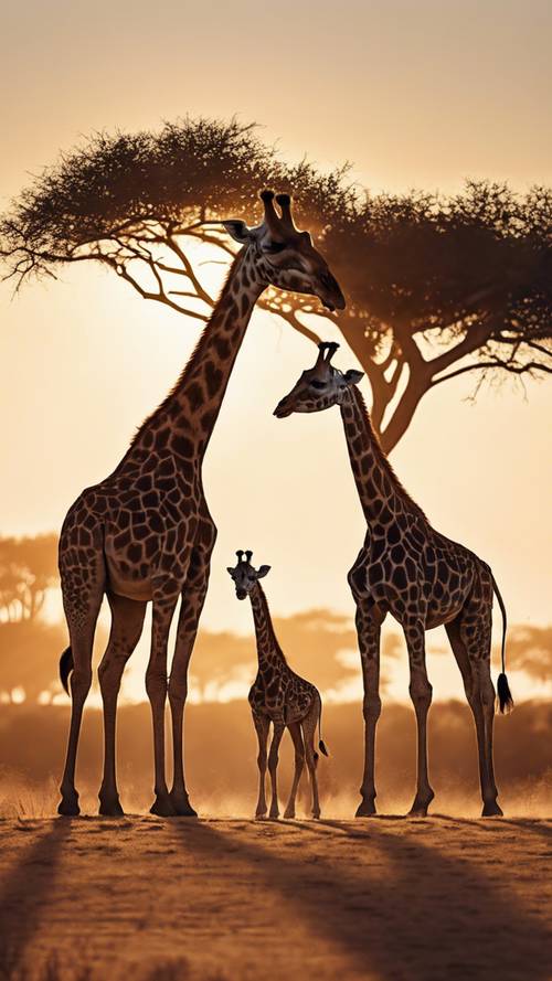 Rodzina żyraf spacerujących w szeregu przez sawannę o zachodzie słońca, rzucając za sobą długie cienie.
