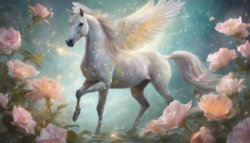 Un minuscolo cavallo alato, che brilla dolcemente, svolazza come un colibrì tra fiori incantati.