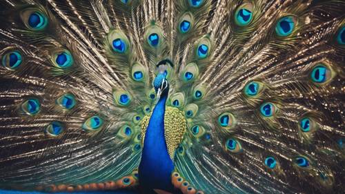 Величественный синий павлин с перьями, излучающими неоново-синий свет.