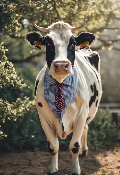 A cow dressed up in a preppy attire, posing for the yearbook photo Tapeta [881f3539d15c4b139c44]