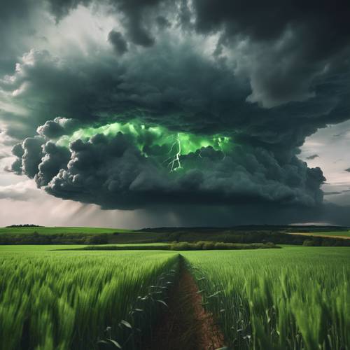 활기찬 녹색 밀밭 위에 극적인 검은 폭풍 구름이 있습니다.