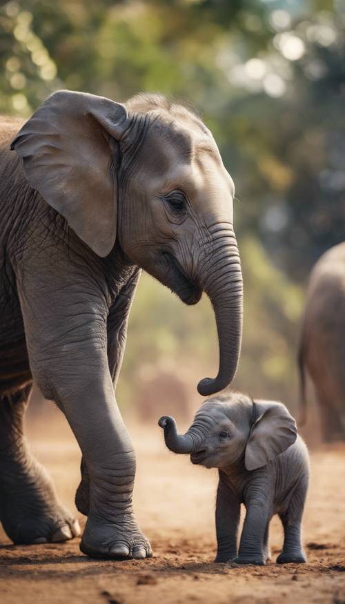Nowonarodzony słoń stawiający pierwszy krok w otoczeniu kochającej rodziny.