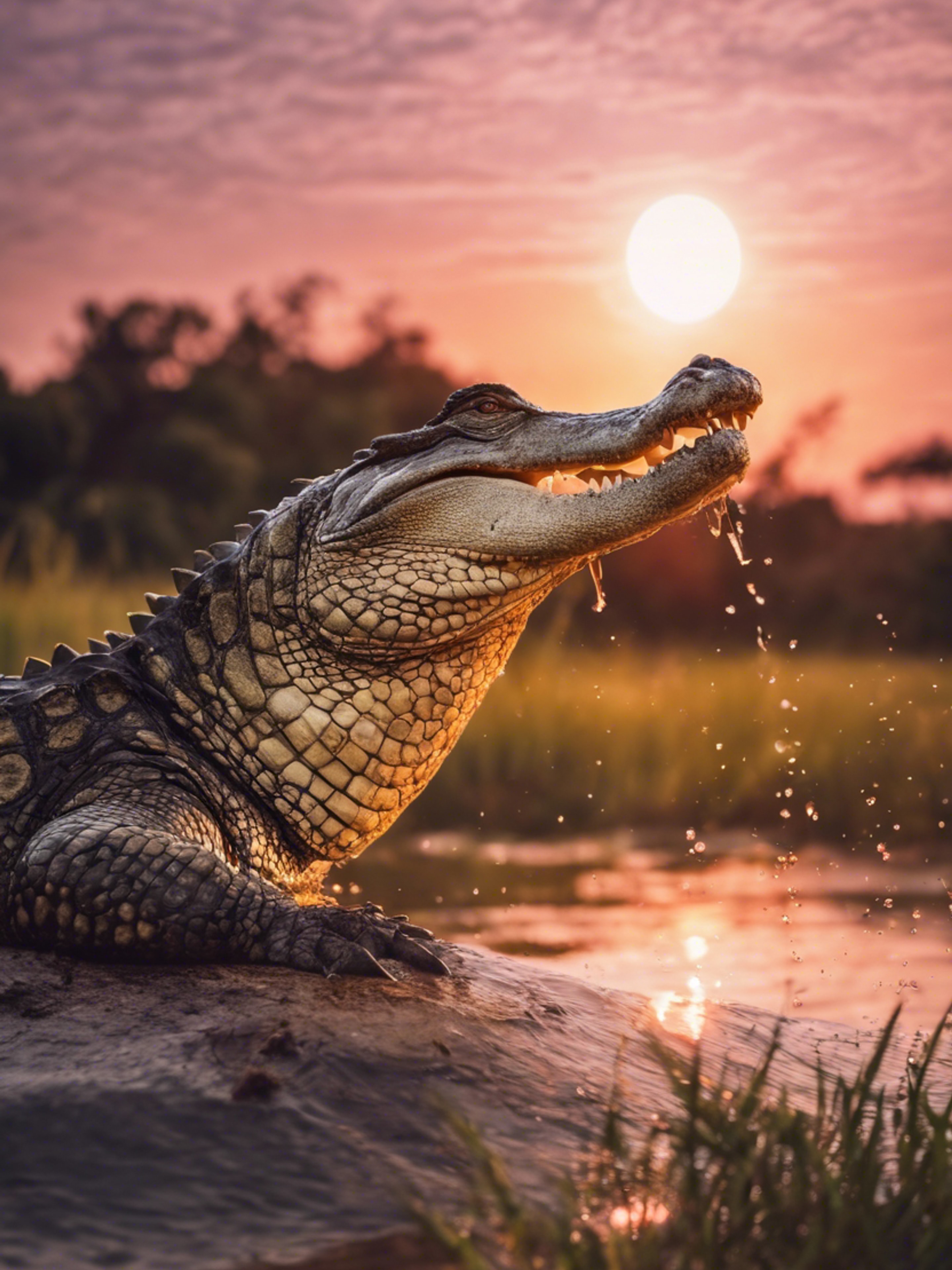 A beautiful sunrise with a crocodile breaking the surface under a rosy sky. Wallpaper[8e947b6adb0246b9980f]