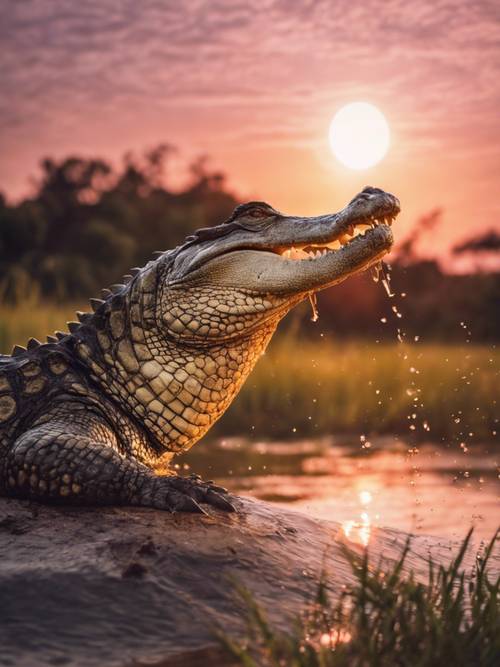 A beautiful sunrise with a crocodile breaking the surface under a rosy sky.