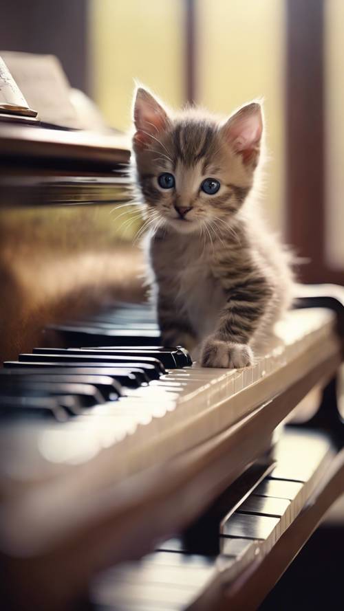 A young kitten clumsily attempting to play the piano, its tail swishing to the non-existent rhythm.