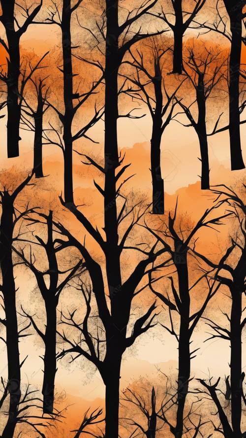 Seamless pattern of black tree silhouettes against an orange autumn sunset background.