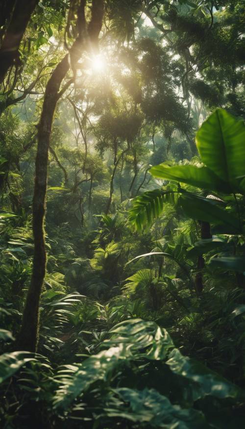 A dense, lush jungle with vibrant foliage and sunlight dappling through in patches.