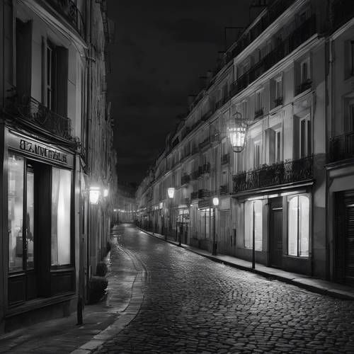 Uno scatto in bianco e nero di una tranquilla strada parigina di notte, illuminata solo dalla fioca luce di una lanterna solitaria.
