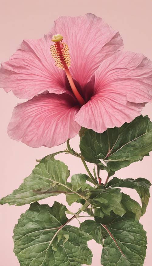 A vintage botanical illustration showcasing a detailed structure of pink hibiscus flower and its leaves Tapeta [b1e10cd8b8304a89b02d]