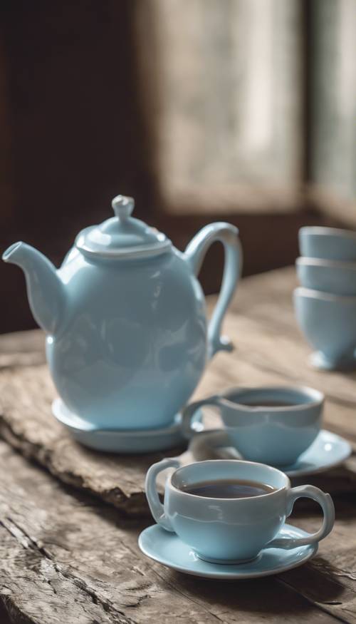 A still life of a baby blue teapot with matching cups on an old wooden table.
