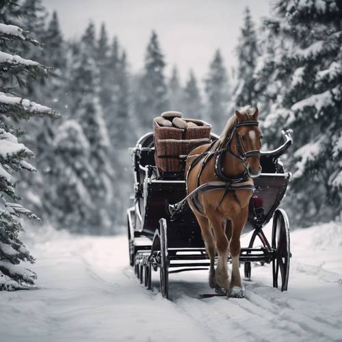 Pemandangan musim dingin yang nyaman dengan kereta luncur yang ditarik kuda dengan latar belakang hutan bersalju dan gemerincing lonceng kereta luncur di udara.