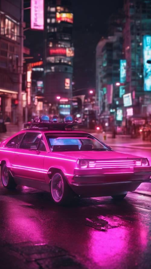 미래 지향적인 네온 핑크색 호버 자동차가 밤에 도시 거리를 질주합니다.