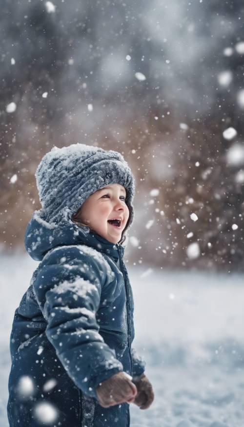 A young child making a snow angel with an expression of pure joy on their face, as soft snowflakes gently fall around them.