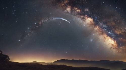 The Milky Way galaxy, gracefully arching over a night sky lit with countless stars and a bright crescent moon.