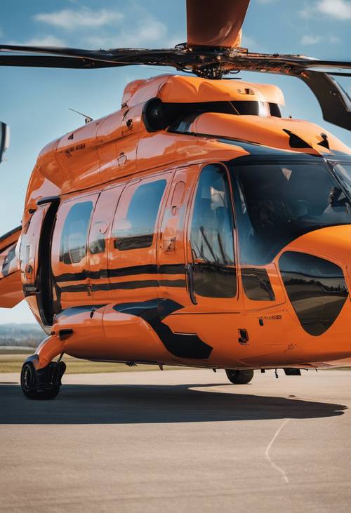 Helikopter AW139 dicat dengan warna oranye cerah dan peringatan dengan garis-garis hitam tebal di sepanjang badannya. Ia terbang di tengah langit biru cerah.
