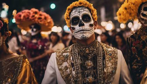 A lively Day of the Dead parade taking place in Mexico City at night.