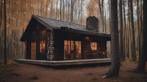 A rustic cabin in the woods with dark plaid curtains adorning the windows.