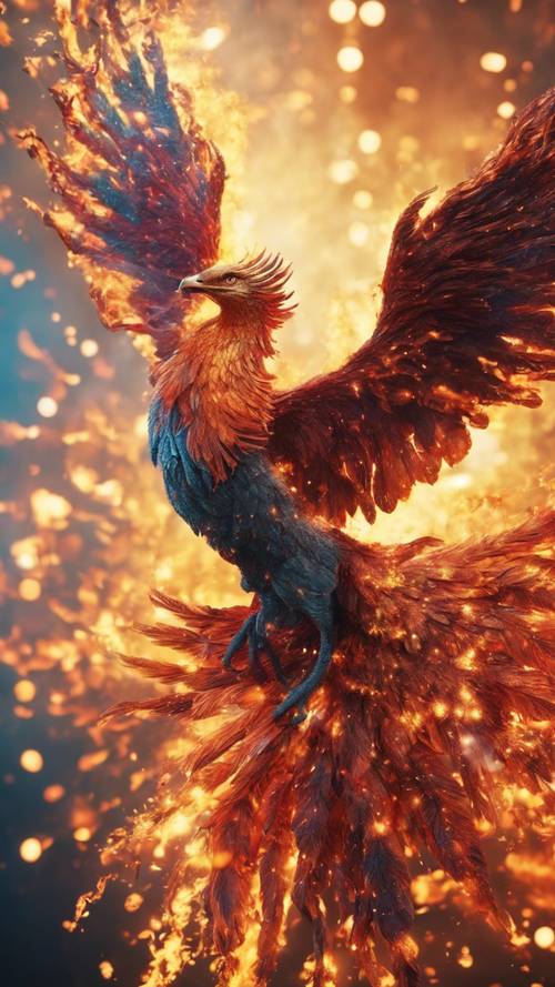 A mystical phoenix emerging in a blaze of glory from its ashes, displaying an explosion of magical colors.