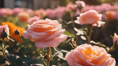 Elegancki ogród pełen różowych róż i pomarańczowych nagietków w ciepłym świetle słonecznym.