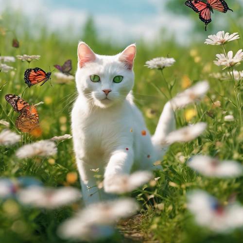 Юный белый кот с озорным блеском в игривых зеленых глазах гоняется за разноцветными бабочками на ярком весеннем лугу.