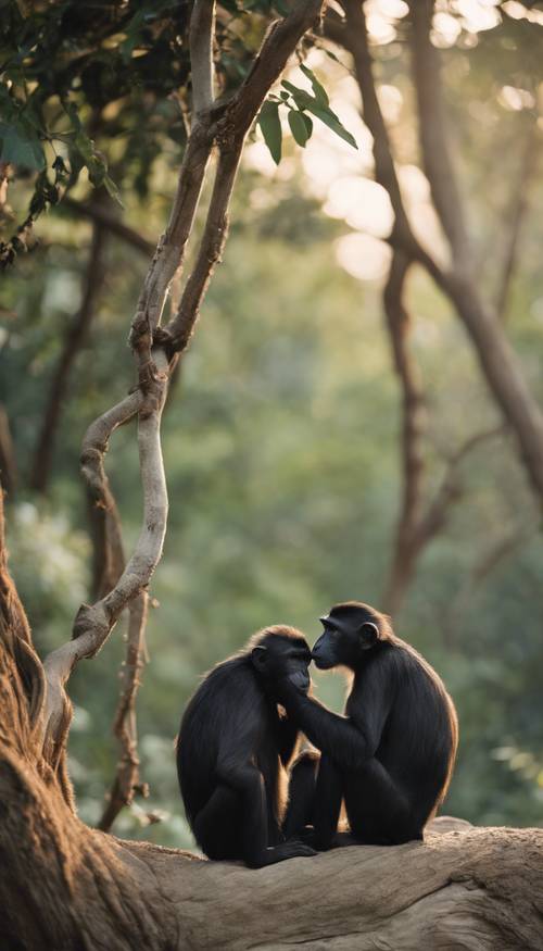 在林地家园里，黎明时分，静谧的氛围中，一只黑猴轻轻地梳理着它的同伴。