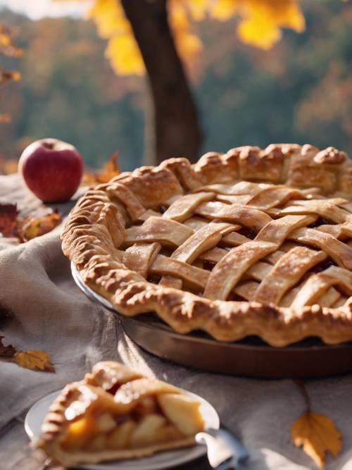 Uma torta de maçã fresca esfriando sobre uma mesa com folhagens de outono ao fundo.