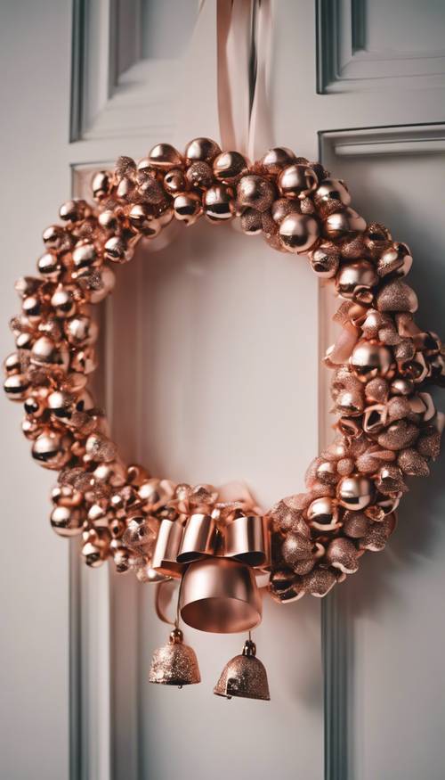 Une couronne de Noël composée de cloches en or rose accrochée à une porte d&#39;entrée.