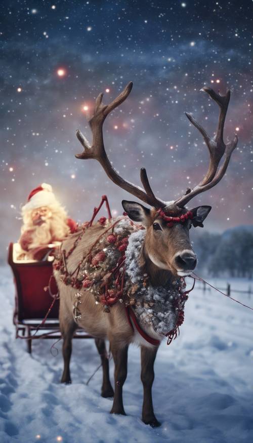 A magical reindeer with a glowing red nose leading Santa's sleigh across a starry night sky. Tapeta [26bba3da52a5408284fd]