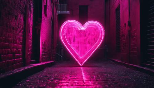 Um imenso coração rosa neon iluminando um beco escuro.
