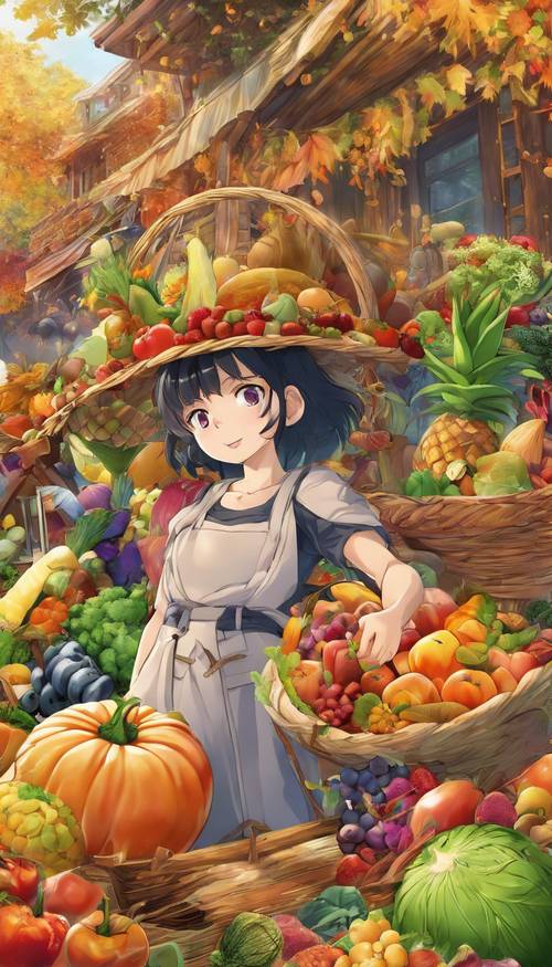 这是一幅生动的动漫风格图片，描绘的是户外聚宝盆里堆满了水果和蔬菜，预示着感恩节的丰收。