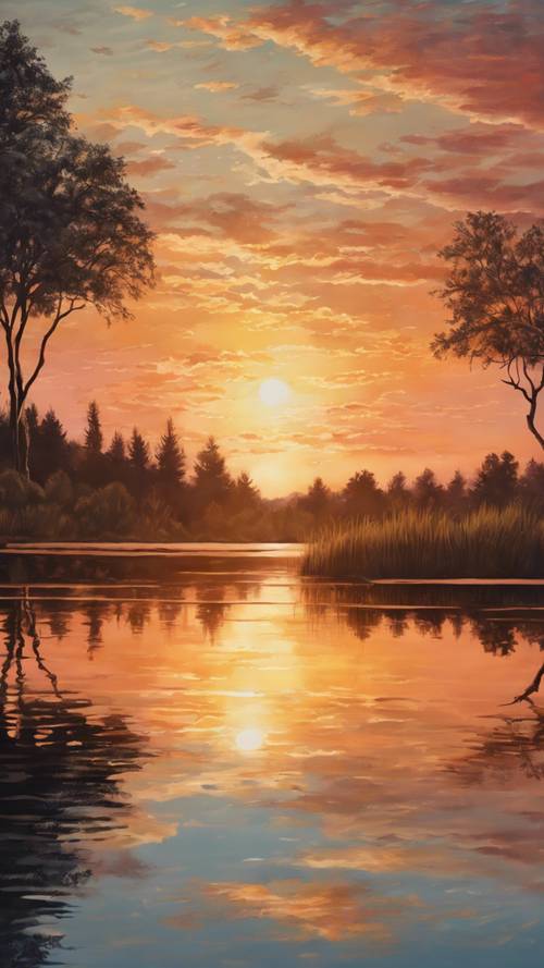 A mesmerizing painting of a sunset over a calm lake, reflected in the tranquil water.