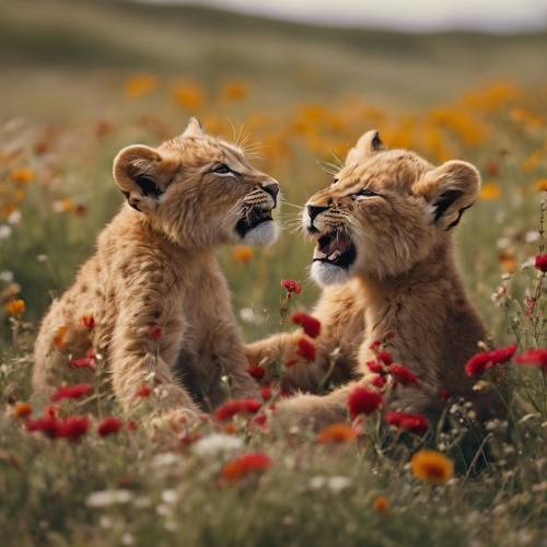 Due cuccioli di leone rosso che giocano e si rotolano in un tappeto di fiori di campo