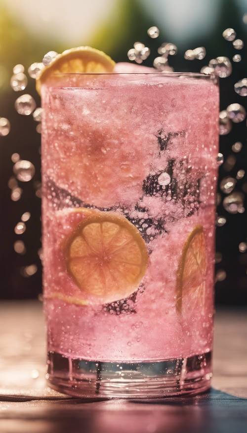Una scena estiva rinfrescante di un bicchiere di limonata rosa con bollicine che frizzano verso l&#39;alto.