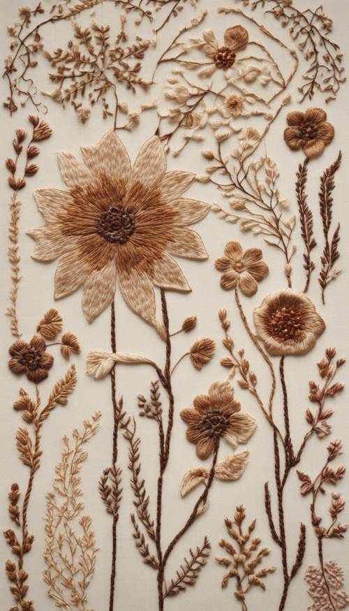 Eine Stickerei mit zarten Blumenmustern in verschiedenen Brauntönen auf cremefarbener Leinwand.