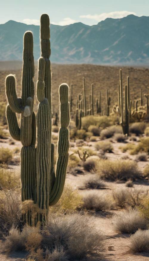 Un vibrante paesaggio desertico con cactus Saguaro che si ergono alti sotto un cielo azzurro senza nuvole.