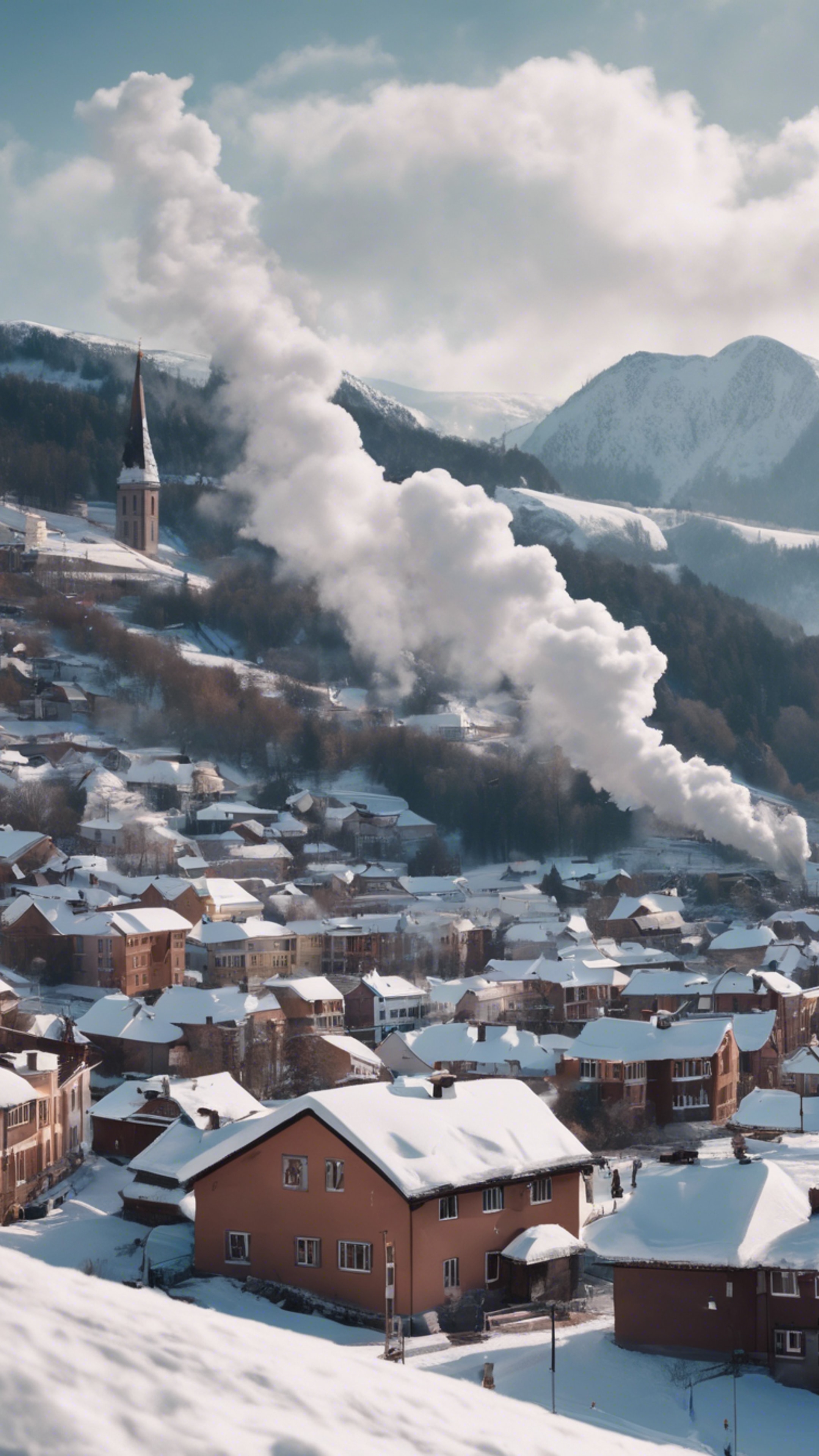 A panoramic view of a small town, its roofs covered in snow and smoke spiraling out of the chimneys, nestled at the base of a snow-covered mountain. Wallpaper[52cc39a879944283930e]