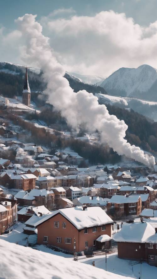 Uma vista panorâmica de uma pequena cidade, com os telhados cobertos de neve e fumaça saindo em espiral das chaminés, aninhada na base de uma montanha coberta de neve.