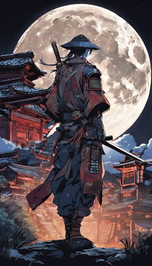 一個動漫武士在夜深人靜的時候，守護著一個寧靜的村莊，頭頂上有一輪明亮的滿月。