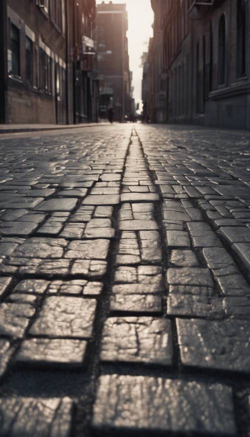 A shimmering urban sidewalk made out of dark gray bricks.