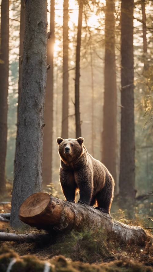 Một con gấu nâu kiêu hãnh đứng trên một khúc gỗ đổ giữa khu rừng rậm rạp lúc bình minh.