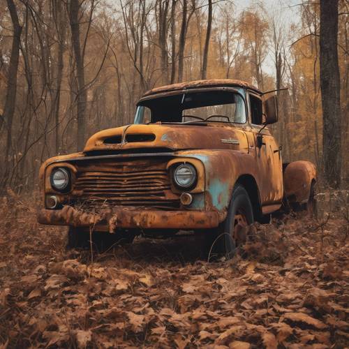 An abandoned rusty truck in a fall wooded area live painted. Дэлгэцийн зураг [a17bb906b0b24f88a981]