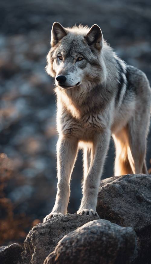 Majestatyczny srebrny wilk stojący na skalistym szczycie, gdy światło księżyca rzuca spokojny blask na jego sierść.