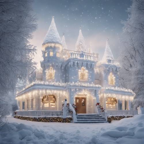 Un majestuoso castillo blanco que brilla sobre un fondo nevado, adornado con luces de carámbanos y que forma el perfecto país de las maravillas navideñas blancas.