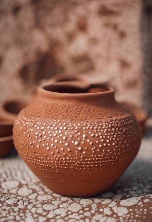 Close-up de cerâmica boêmia de terracota com pequenas bolinhas gravadas.